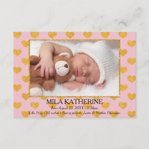 Pink/Gold Glitter Hearts - 3x5 Birth Announcement