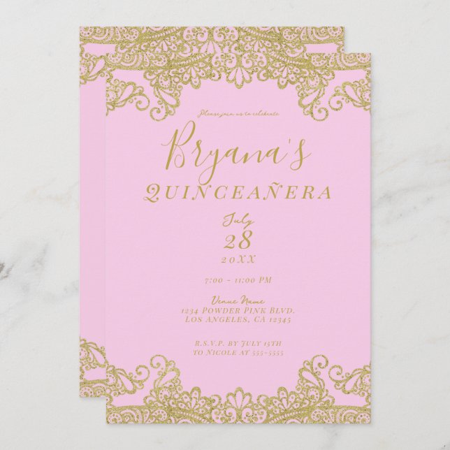 Pink & Gold Glitter Lace Elegant Quinceañera  Invitation (Front/Back)
