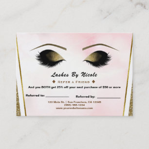 Pink Gold Glitter Lashes Refer Friend Aftercare Referral Card