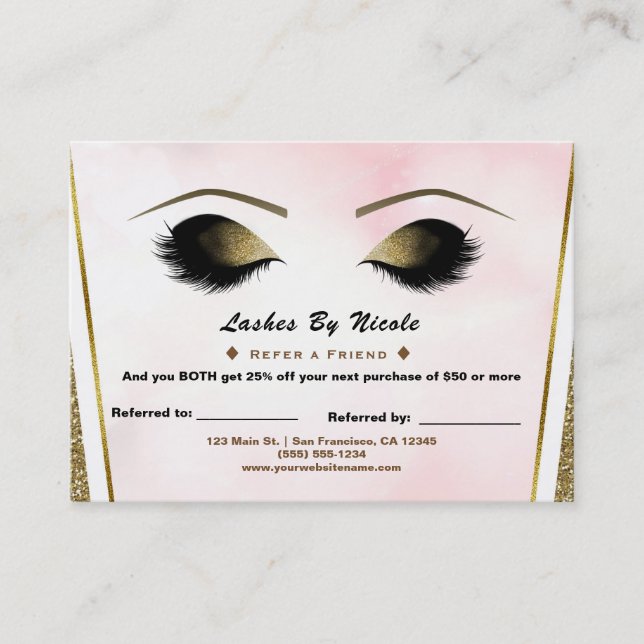 Pink Gold Glitter Lashes Refer Friend Aftercare Referral Card (Front)