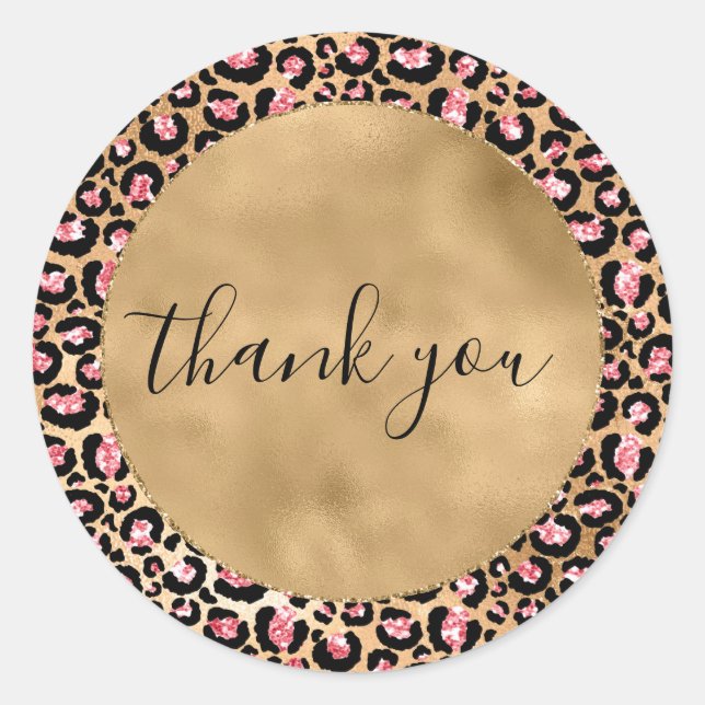 Pink Gold Glitter Leopard Animal Thank you     Classic Round Sticker (Front)