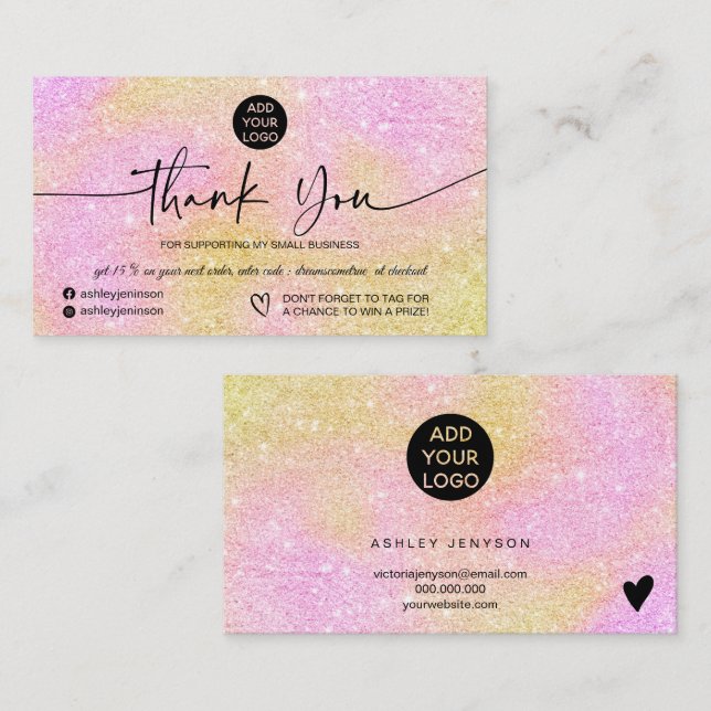 Pink gold glitter logo order thank you business card (Front/Back)