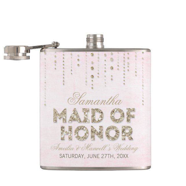 Pink & Gold Glitter Look Maid of Honour Flask (Opened)