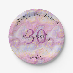 Pink Gold Glitter Marble Agate Geode 30th Birthday Paper Plate