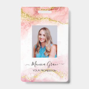 Pink Gold Glitter Marble Agate Logo Business ID Badge