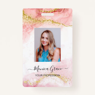 Pink Gold Glitter Marble Agate Logo Business ID ID Badge