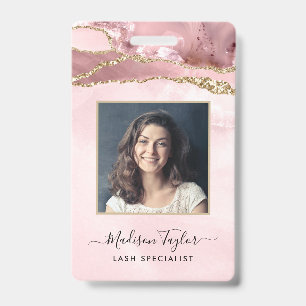 Pink Gold Glitter Marble Agate Salon Business ID Badge