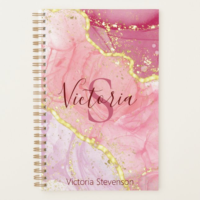 Pink Gold Glitter Marble Geode Monogram Planner (Front)