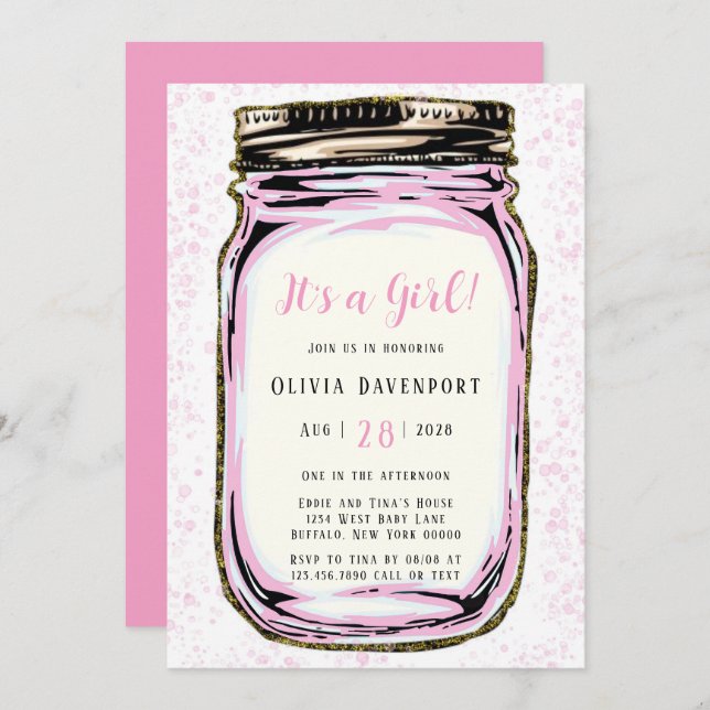Pink Gold Glitter Mason Jar Girl Baby Shower Invitation (Front/Back)