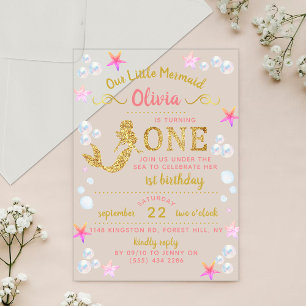Pink & Gold Glitter Mermaid 1st Birthday Acrylic Invitations