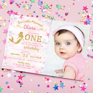 Pink & Gold Glitter Mermaid Photo 1st Birthday Invitation