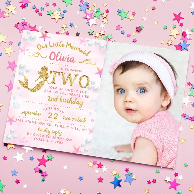Pink & Gold Glitter Mermaid Photo 2nd Birthday Invitation (Creator Uploaded)