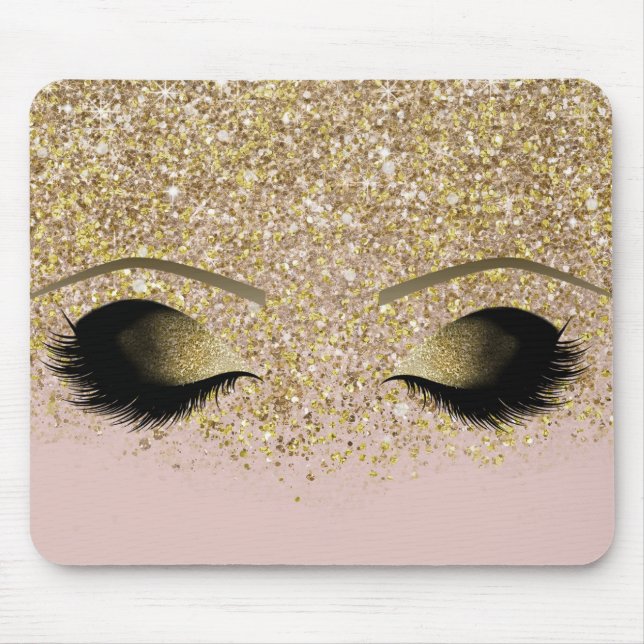 Pink & Gold Glitter Modern Glam Makeup Lashes Eyes Mouse Pad (Front)
