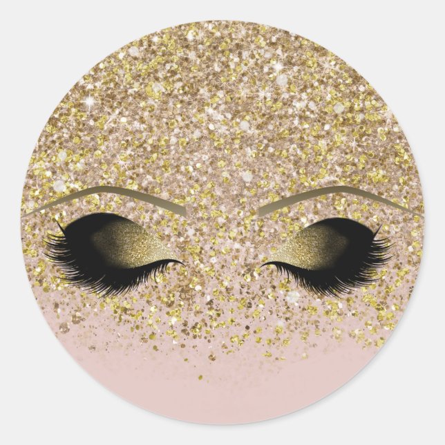 Pink & Gold Glitter Modern Gold Makeup Eyelashes Classic Round Sticker (Front)