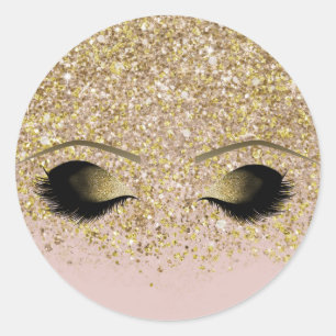 Pink & Gold Glitter Modern Gold Makeup Eyelashes Classic Round Sticker