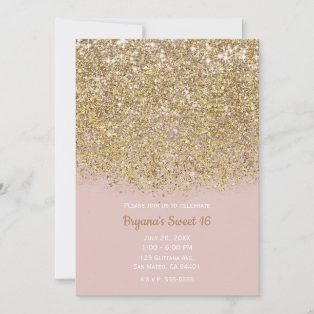 Pink & Gold Glitter Modern Trendy Glam Chic Party Invitation (Front)
