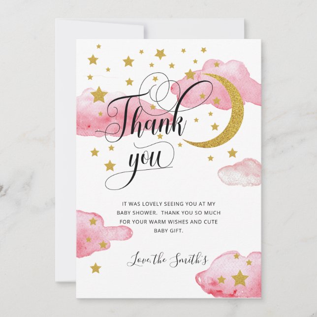 Pink Gold Glitter Moon Baby Shower Thank You Card (Front)