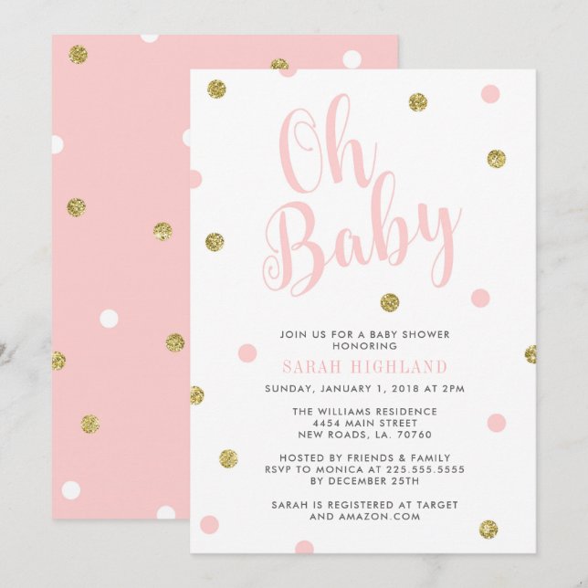 Pink & Gold Glitter Oh Baby Shower Invitation (Front/Back)