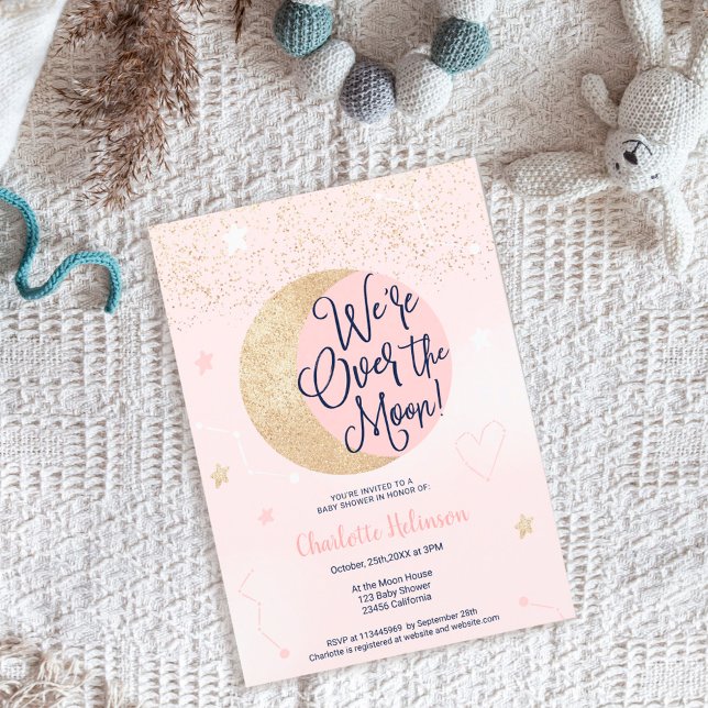 Pink gold glitter over the moon girl baby shower  invitation (Creator Uploaded)