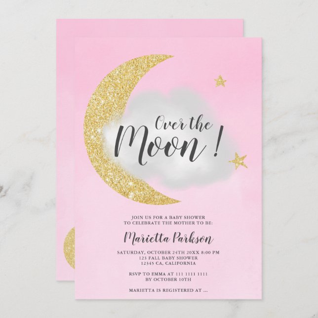 Pink gold glitter over the moon star baby shower invitation (Front/Back)