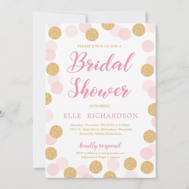 Pink gold glitter polka dot modern bridal shower invitation (Front)