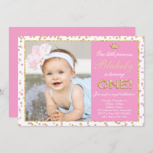 Pink Gold Glitter Princess First Birthday Invitation