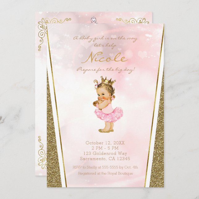 Pink & Gold Glitter Princess Vintage Baby Shower Invitation (Front/Back)