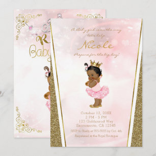 Pink Gold Glitter Princess Vintage Black Baby Girl Invitation