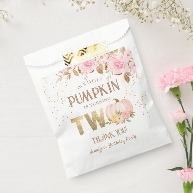 Pink Gold Glitter Pumpkin Floral Girl 2nd Birthday Favour Bag (Sealed)
