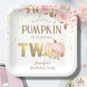 Pink Gold Glitter Pumpkin Floral Girl 2nd Birthday Paper Plate
