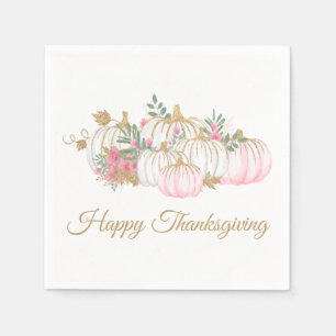 Pink Gold Glitter Pumpkin Floral Thanksgiving Napkin