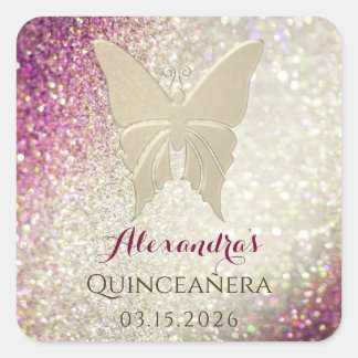 Pink Gold Glitter Quinceañera Birthday Square Sticker