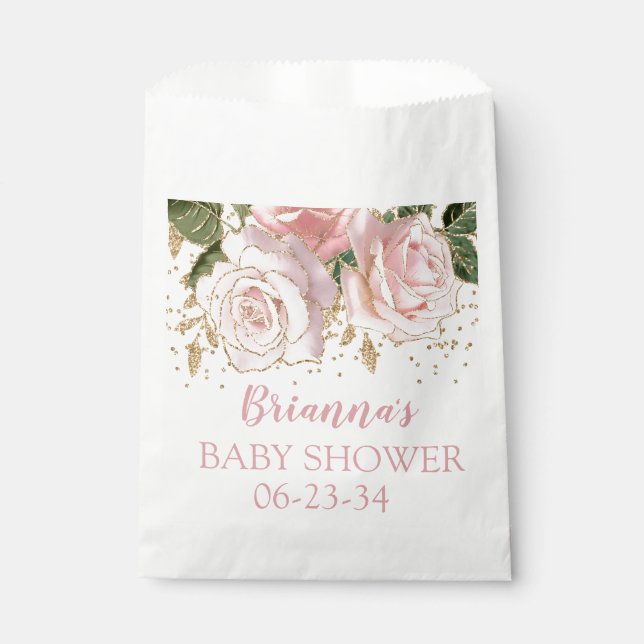 Pink Gold Glitter Roses Baby Shower Favour Bag (Front)