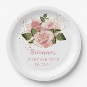 Pink Gold Glitter Roses Baby Shower Paper Plate