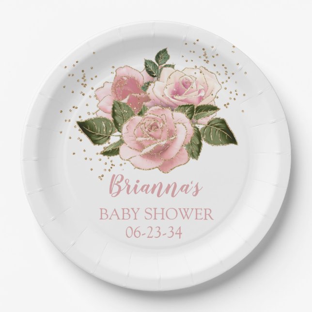 Pink Gold Glitter Roses Baby Shower Paper Plate (Front)