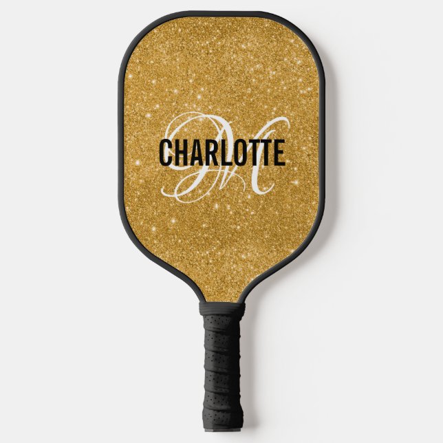 Pink gold glitter script monogram name pickleball paddle (Front)