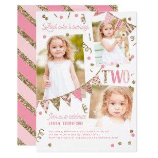 Pink Gold Glitter Second Birthday 3 Photo Collage Invitation