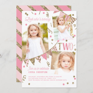 Pink Gold Glitter Second Birthday 3 Photo Collage Invitation