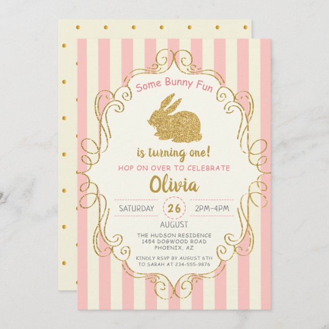 Pink Gold Glitter Some Bunny Birthday Invitation (Front/Back)