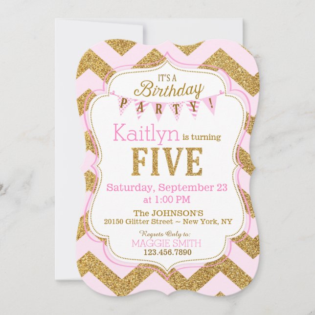Pink Gold Glitter Sparkle Fifth Birthday Invite (Front)