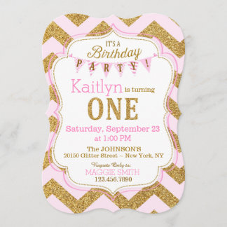 Pink Gold Glitter Sparkle First Birthday Invite