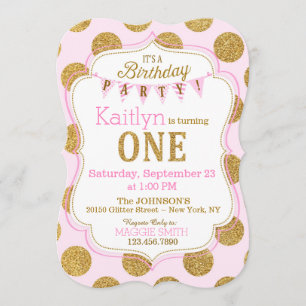 Pink Gold Glitter Sparkle First Birthday Invite