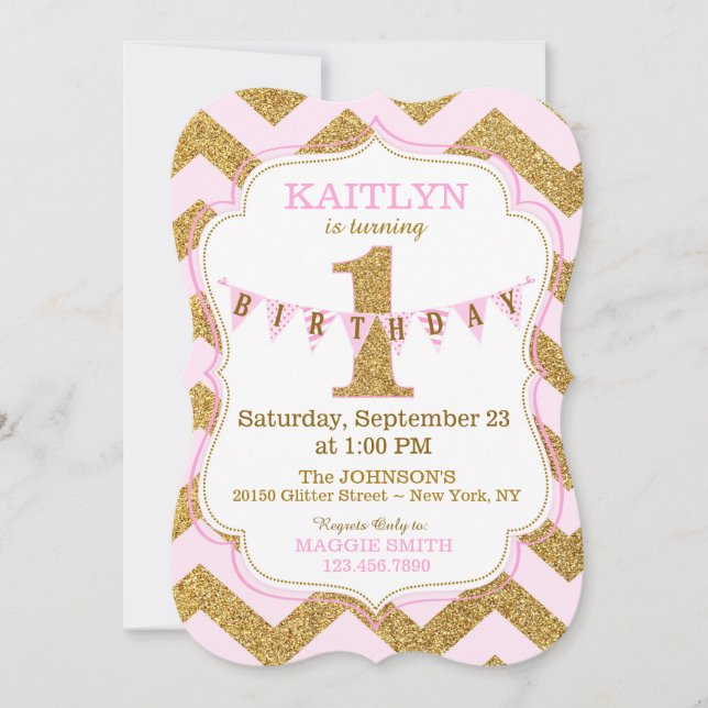 Pink Gold Glitter Sparkle First Birthday Invite (Front)