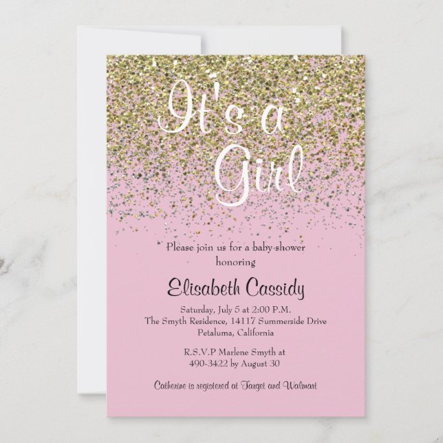 Pink & Gold Glitter Sprinkle Baby Shower Invite (Front)