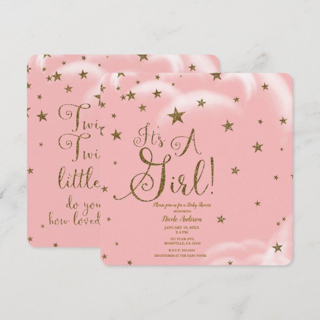 Pink & Gold Glitter Stars It's A Girl Baby Shower Invitation (Front/Back)