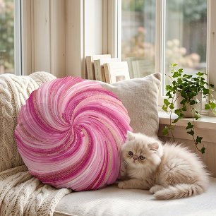 Pink Gold Glitter Swirl Abstract Round Cushion