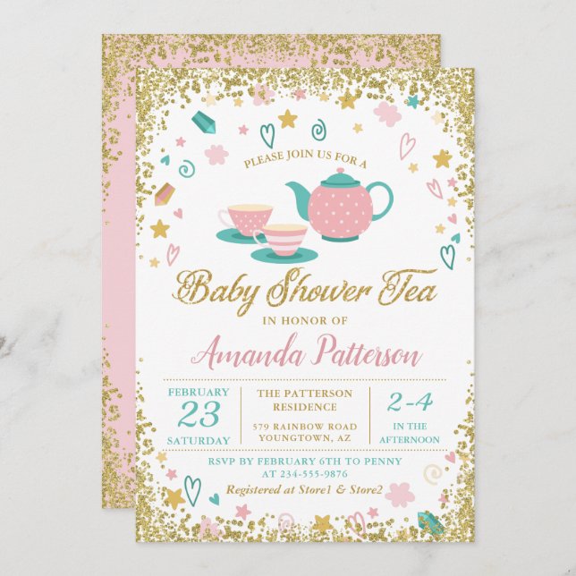 Pink Gold Glitter Tea Party Baby Shower Invitation (Front/Back)