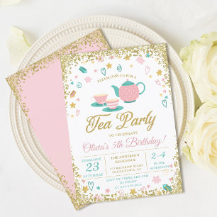 Pink Gold Glitter Tea Party Girls Birthday Invitation