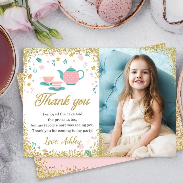 Pink Gold Glitter Tea Party Girls Birthday Photo Thank You Card (Creator Uploaded)
