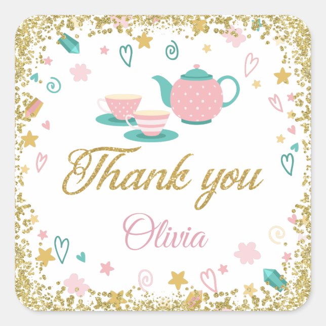Pink Gold Glitter Tea Party Thank You Square Sticker (Front)